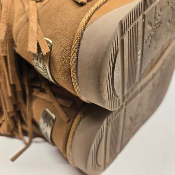RJ's Fuzzies Suede Shearling Golden Tan Foldover-Top Fringed Cozy Boots, Size 10 - Picture 11 of 13